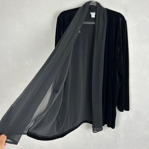 Chicos Travelers size 3 16/18 long cardigan black velvet chiffon open front - Picture 3 of 11