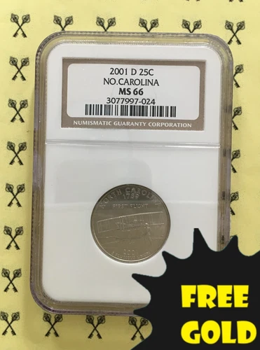 2001-D North Carolina State Quarter NGC MS 66 with FREE 1/2 GOLDBACK*