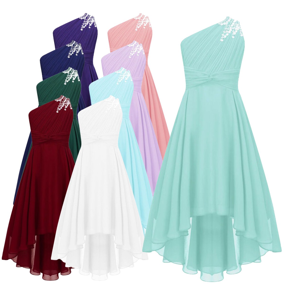iEFiEL Girls Ruched One Shoulder Wedding Bridesmaid Flower Dresses Pageant  Gown | eBay UK