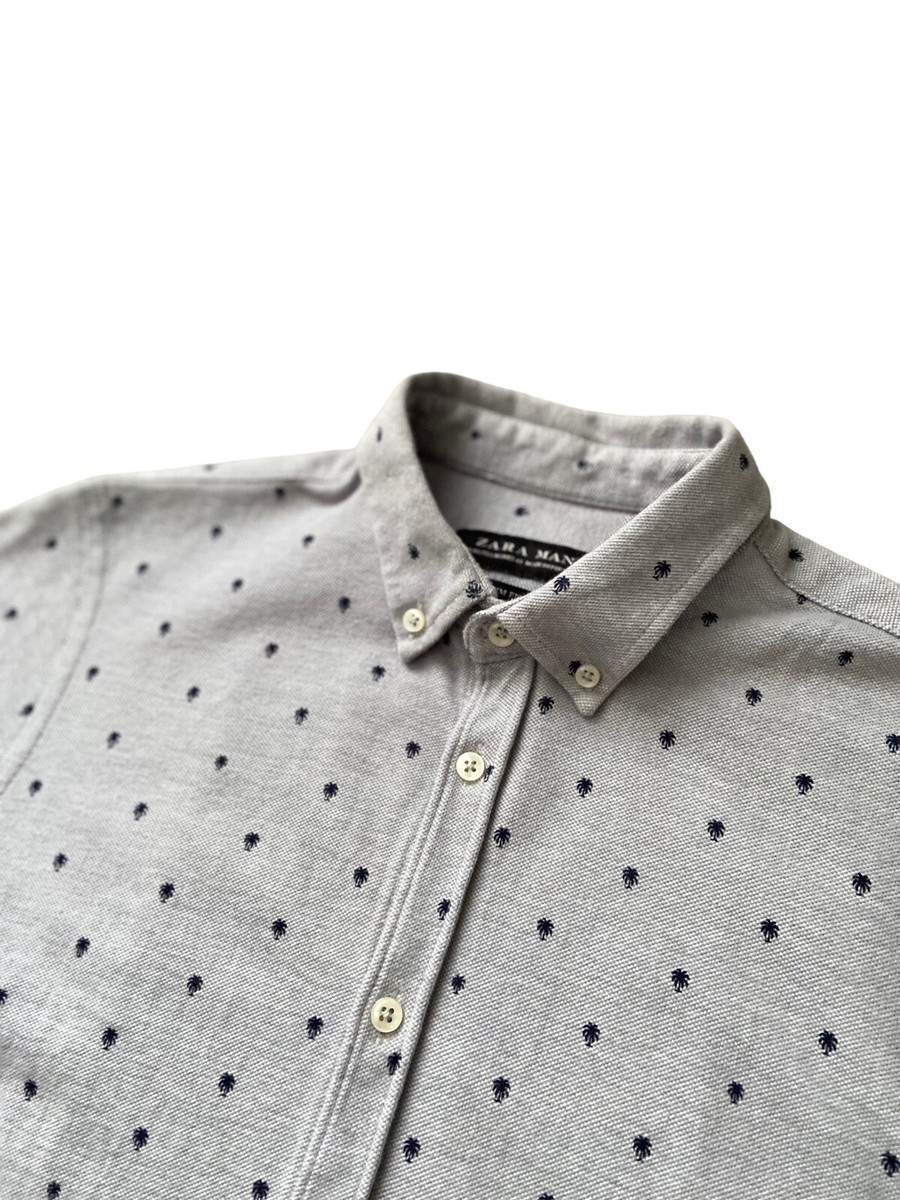 Zara Man Knit Button-Down Shirt Mens M Gray Palm Tree Print