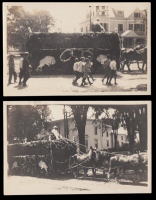 ODD FELLOWS HORSE CARRIAGE PARADE FLOAT & RUNNING BOYS ~1910s VINTAGE PHOTO LOT