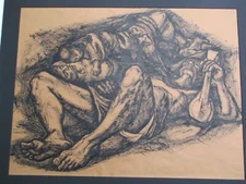 FRANCIS DE ERDELY LARGE ORIGINAL INK DRAWING FAMILY MAN MUSICIAN EXPRESSIONIST