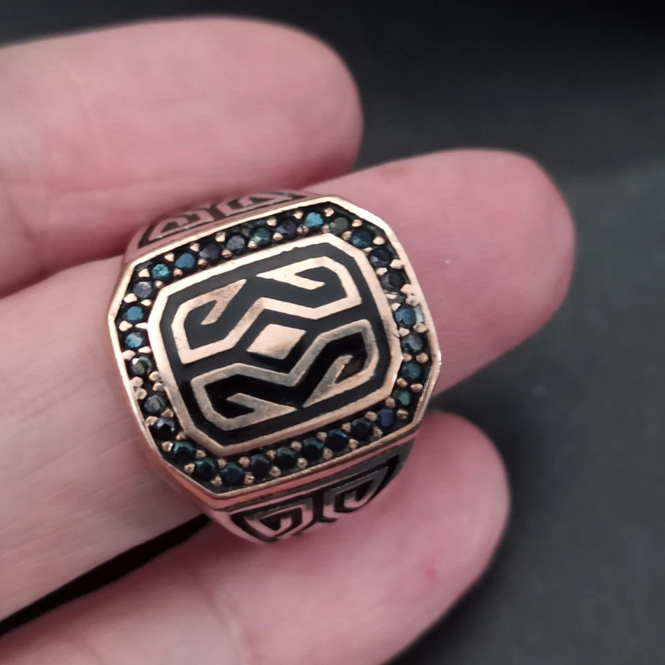 Anillo Para Hombre Griego Bizantino 10.5 Art Deco Renacimiento Plata Bronce Negro Bicolor De Colección Foto 2 de 4