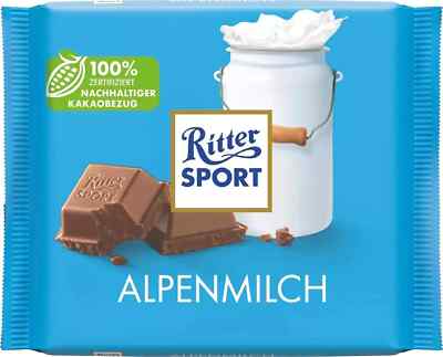 RITTER SPORT Alpine Milk Chocolate 100gm Free Shipping World Wide