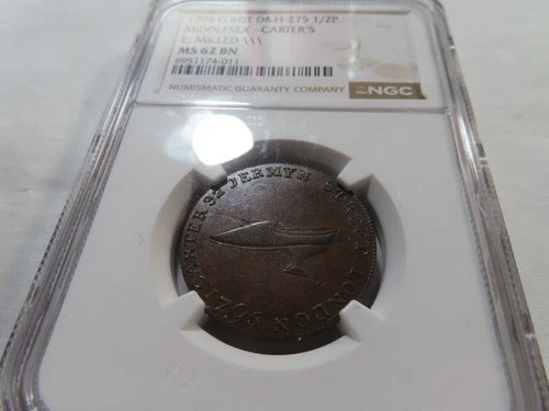 N14 Great Britain 1795 Carter's Conder 1/2D Token E: Milled \ NGC MS-62 BN