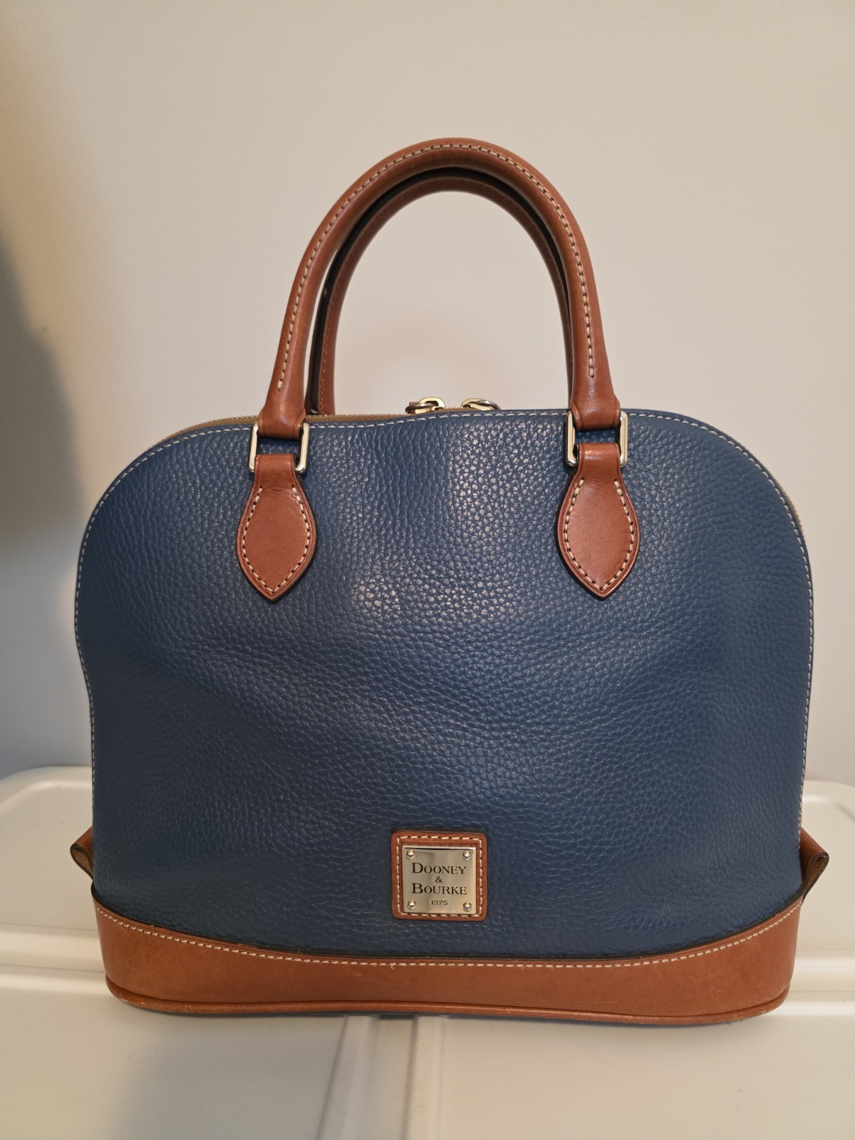 Dooney & Bourke Blue Brown Pebbled Satchel Top Handle Bag Gold Hardware