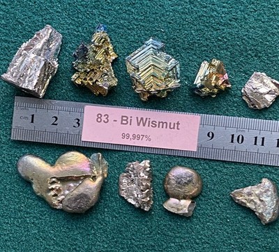 ANGEBOT  9 Teile Wismut Metall + Kristall Mineralien bismuth metal Labor Giessen