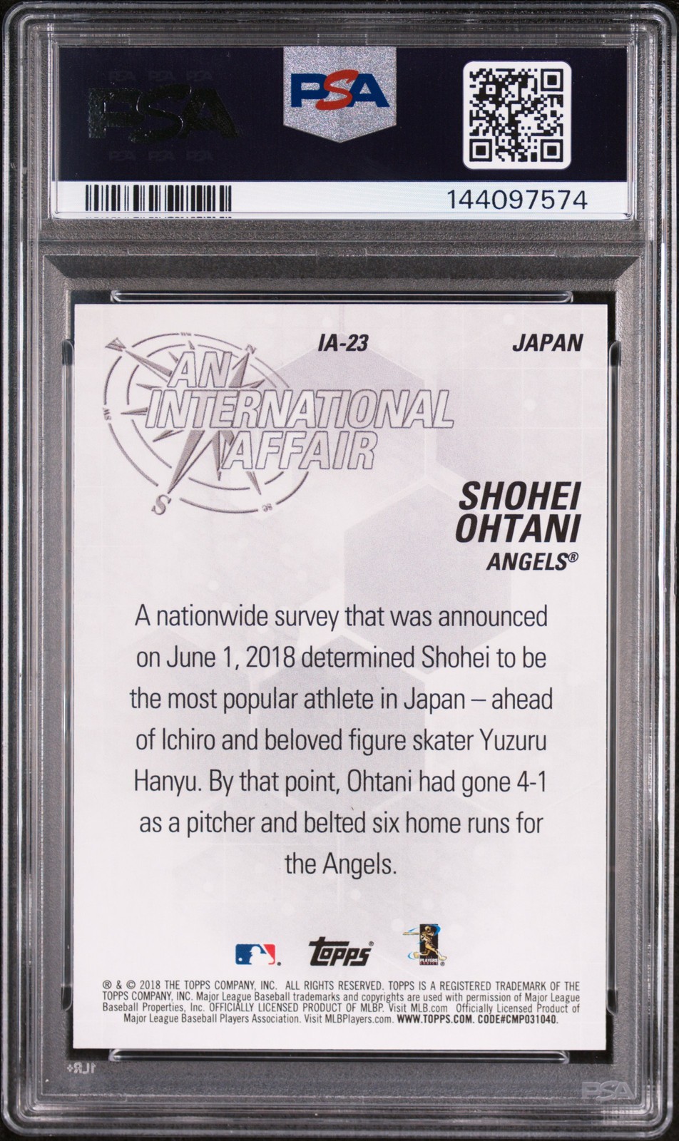 2018 TOPPS UPDATE AN INTERNATIONAL AFFAIR #IA-23 SHOHEI OHTANI ROOKIE RC PSA 9 view 2