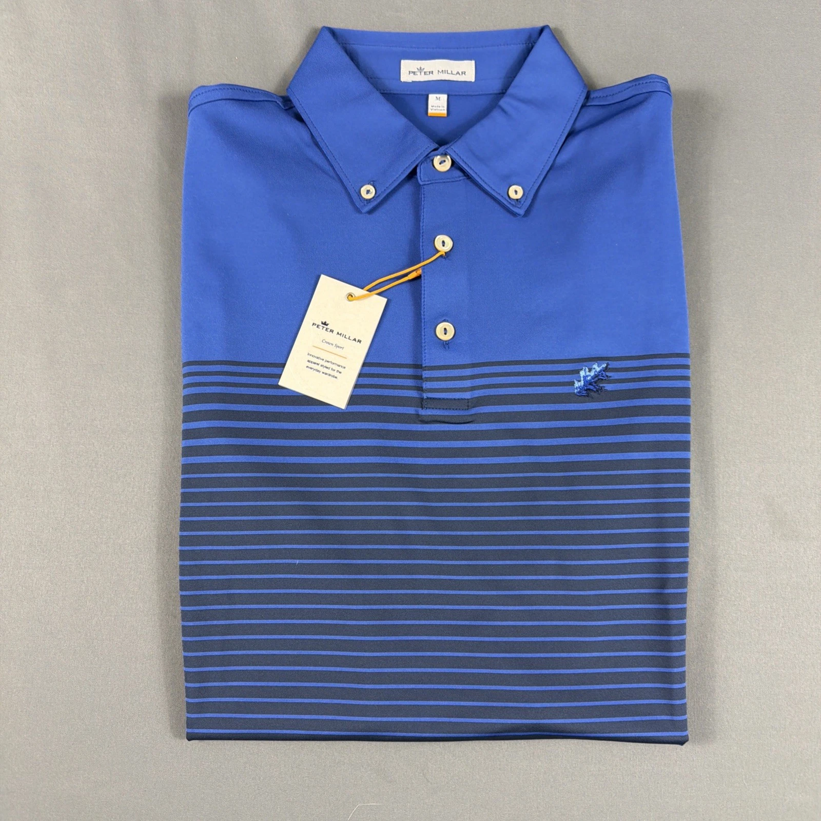 Peter Millar Golf Shirt Polo CS Summer Comfort Chest Logo Striped Medium Blue SA