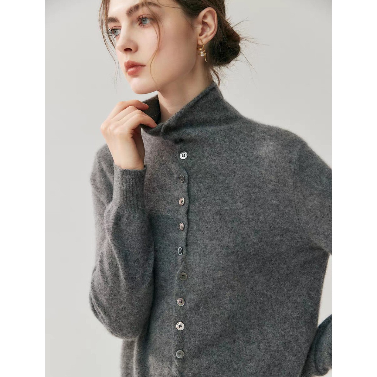 Woolen Rolled-Up Cardigan Knitted Sweater High-Neck Sweater Women Autumn Winter