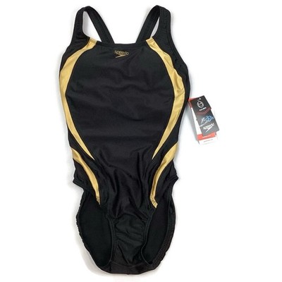 Speedo Women s Swimsuit One Piece Quantum Splice High Cut Black Gold Size 6 NEW!