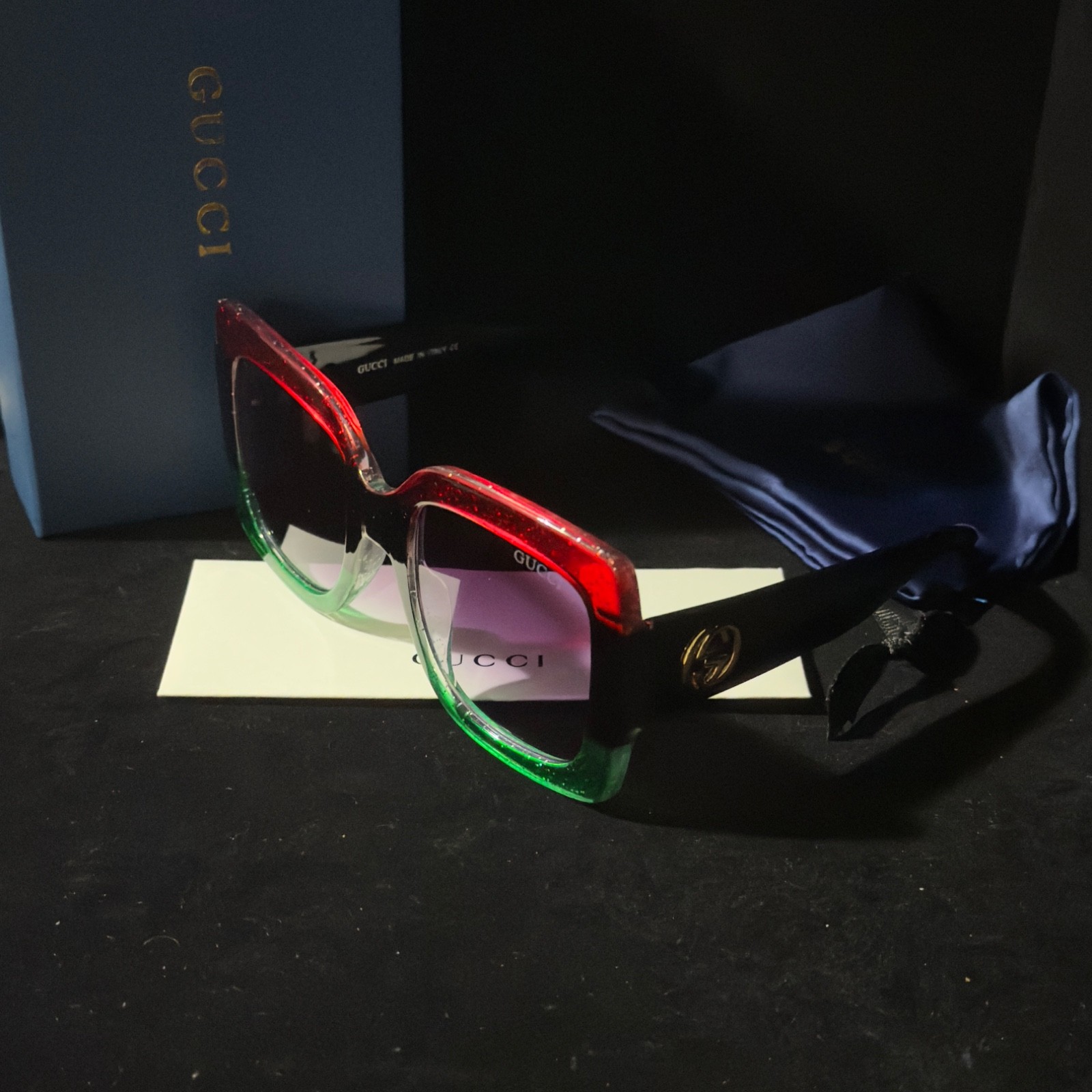 Gucci GG0083S Oversized Square Red Green Glitter Sunglasses Violet Lens