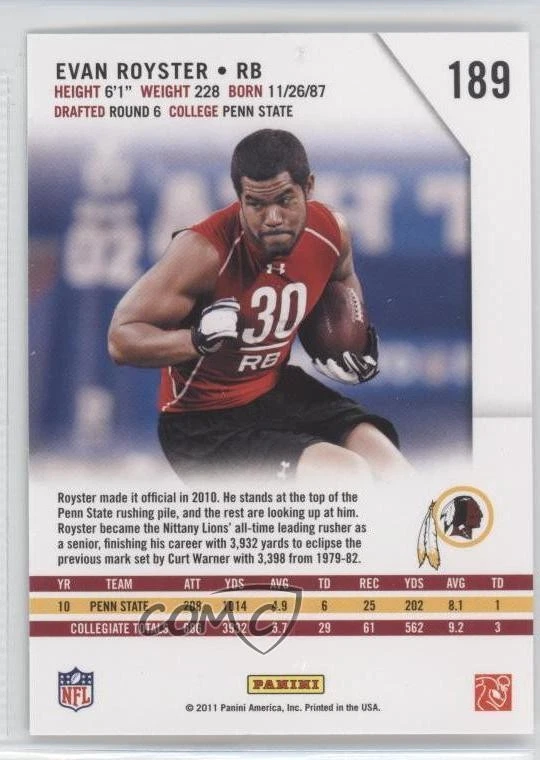 2011 Panini Rookies & Stars Longevity Rookie Evan Royster #189 RC - Image 2 of 2