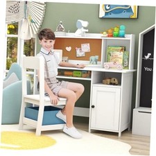 Kids Desk and Chair Set, Kids Desk Chair with Storage and Shelf, Wooden White