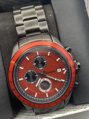 NEW Stainless Steel Express Men's Chronograph Analog Red Dial Black Watch 45mm - Afbeelding 1 van 7