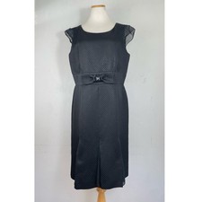 Tahari Dress Size 14 Metallic Black Jacquard Sleeveless Bow A-Line Silk Trim