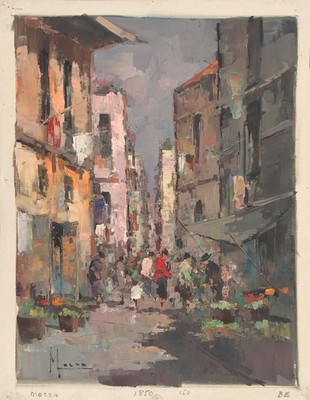 C. MARRA Signed Vintage cMid-1960s Italian Oil Painting ITALIAN STREET MARKET