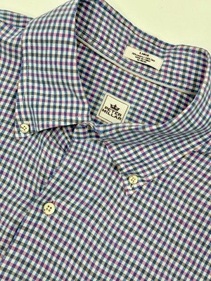 Peter Millar Linen Silk Check Shirt Large Blue Pink Button Up