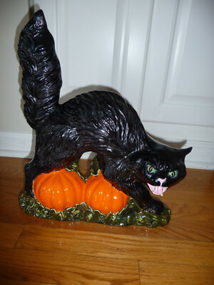 vintage Halloween large ceramic black cat w/pumpkins decor