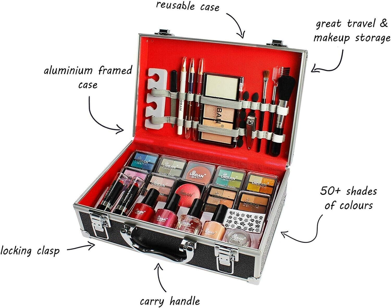 76pc VEGAN MAKE UP VANITY TRAVEL COSMETIC CASE LIGHTWEIGHT CARRY BOX