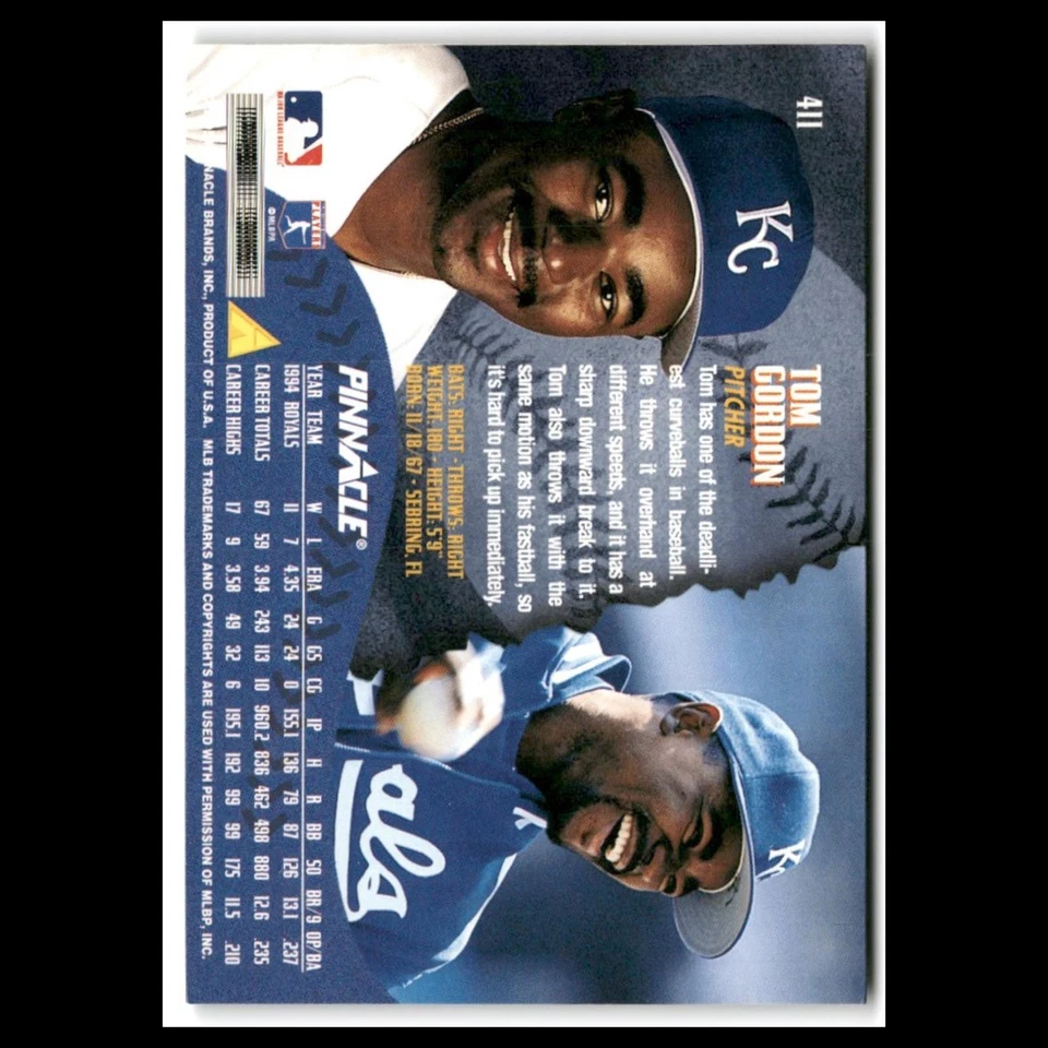 Tom Gordon #411 1995 Pinnacle Kansas City Royals Baseball Card MLB NM - Image 2 of 3