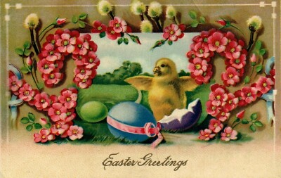 Beautiful Gel Easter Chick hatching flowers Pussy willow Postcard