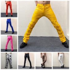 Hommes Froissé Simili Cuir Brillant Métallique Wet Look Pantalon Extensible Punk