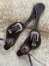 MENS Tooled Rich Brown Leather Western PAIR of Spur Straps Copper Hardware