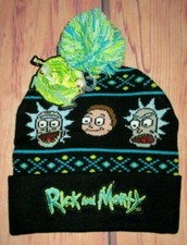 MENS RICK AND MORTY BLACK POM POM BEANIE HAT CAP ONE SIZE