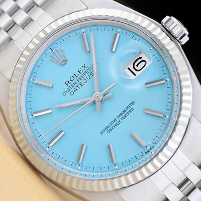 ROLEX MENS DATEJUST 1601 AQUA BLUE DIAL 18K WHITE GOLD STEEL JUBILEE WATCH