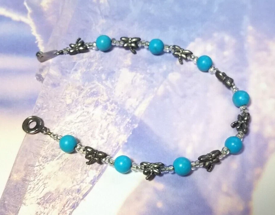 Vintage Pewter Butterfly Clear Bead Turquoise Bead Snap Closure Bracelet Costume Foto 2 de 4