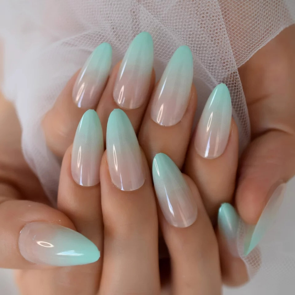 Kit 24 Faux Ongles En ABS Forme Amande - Couleurs Bleu Et Vert - Colle Incluse - Neuf