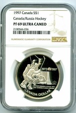 1997 S$1 CANADA RUSSIA HOCKEY SILVER PROOF NGC PF69 ULTRA CAMEO DOLLAR RARE!
