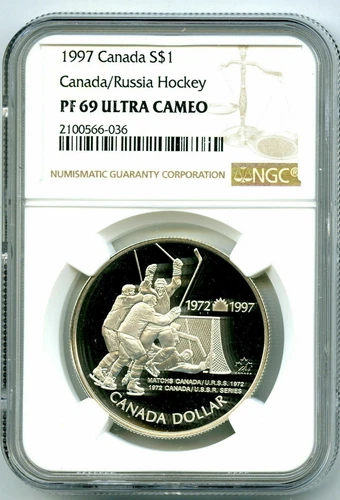 1997 S$1 CANADA RUSSIA HOCKEY SILVER PROOF NGC PF69 ULTRA CAMEO DOLLAR RARE!