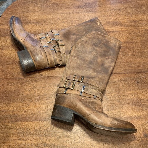 FREEBIRD Drove Heeled Cowboy Boots Western Buckles Straps Tan Brown Distress 7 - Picture 2 of 21