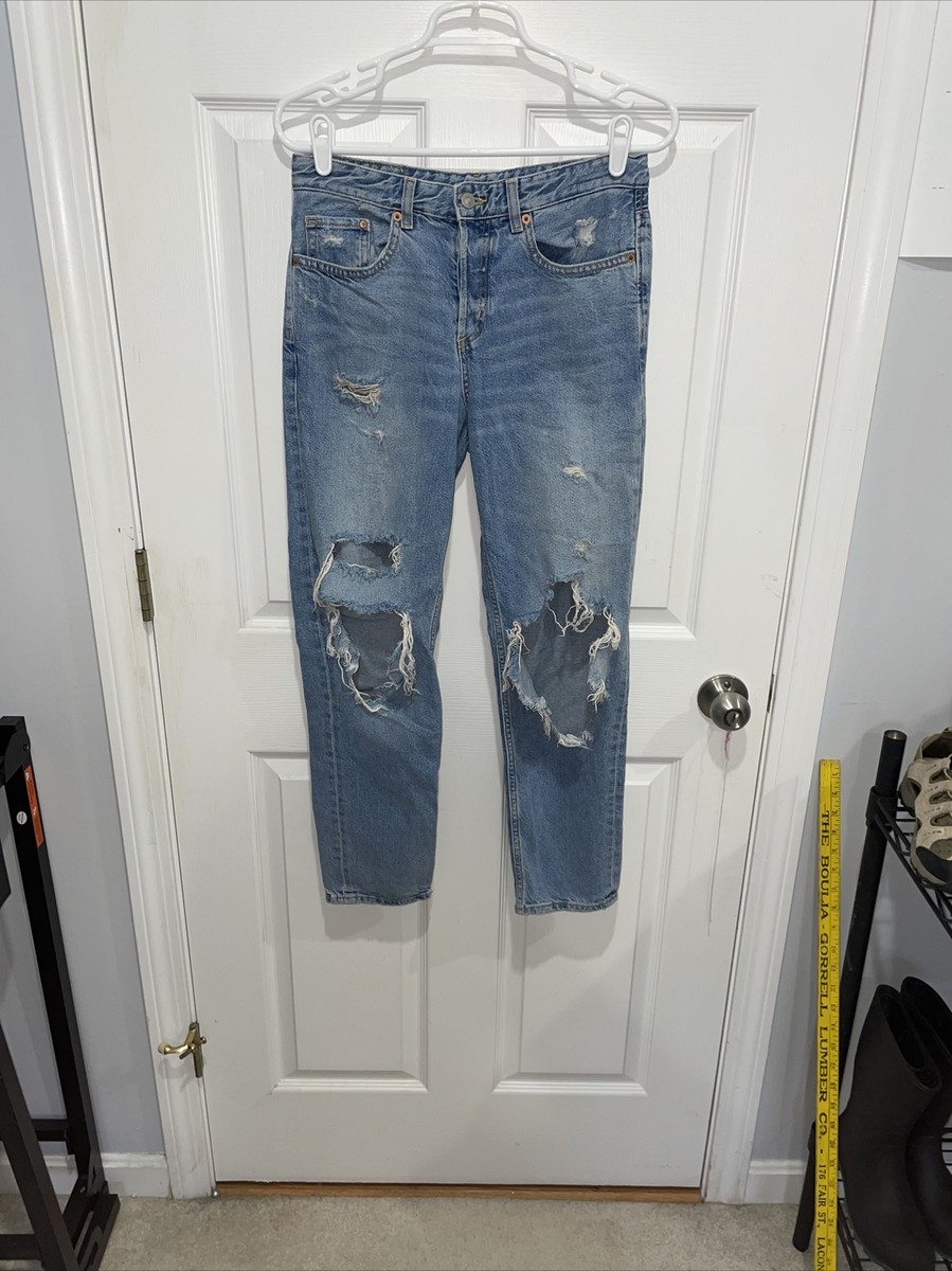H&M &Denim Womens 25 Stone Wash Button Fly Distressed Boyfriend Low Waist  Jeans