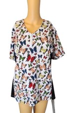 White UNIFORM Women's BUTTERFLIES SCRUB TOP XL Slimming With Pockets Scrubaid