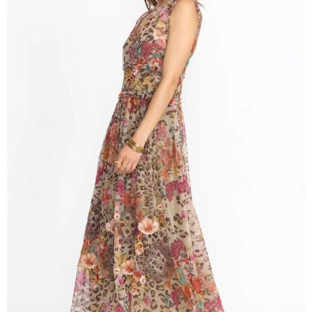 Johnny Was Mazzy Boxy Shirred Dress Women's XS Wild Gardenia Leopard Floral Mesh