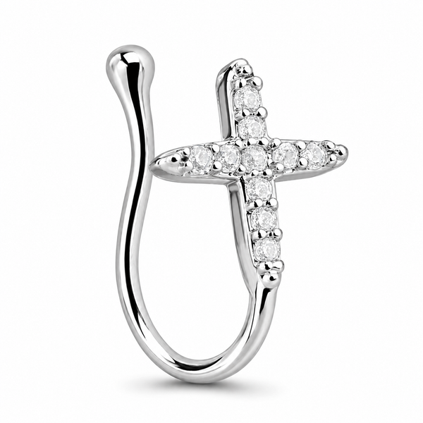 Kreuz CZ Clip On Nasenring Fake Nasenmanschette Nicht Durchbohrt Rhodium...-image