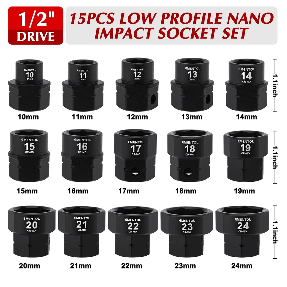 15PCS 1/2" Drive Low Profile Nano Impact Socket Set, 1/2-Inch Drive stubby so... - Image 3 of 4
