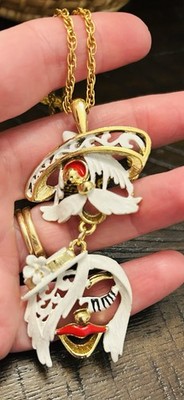 Vintage Faces Necklace Enamel Gold Chunky Pendant BJ HMJ