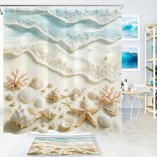 Blue Ocean Starfish Seashell Coastal Beach Shower Curtain Set for Bathroom Decor