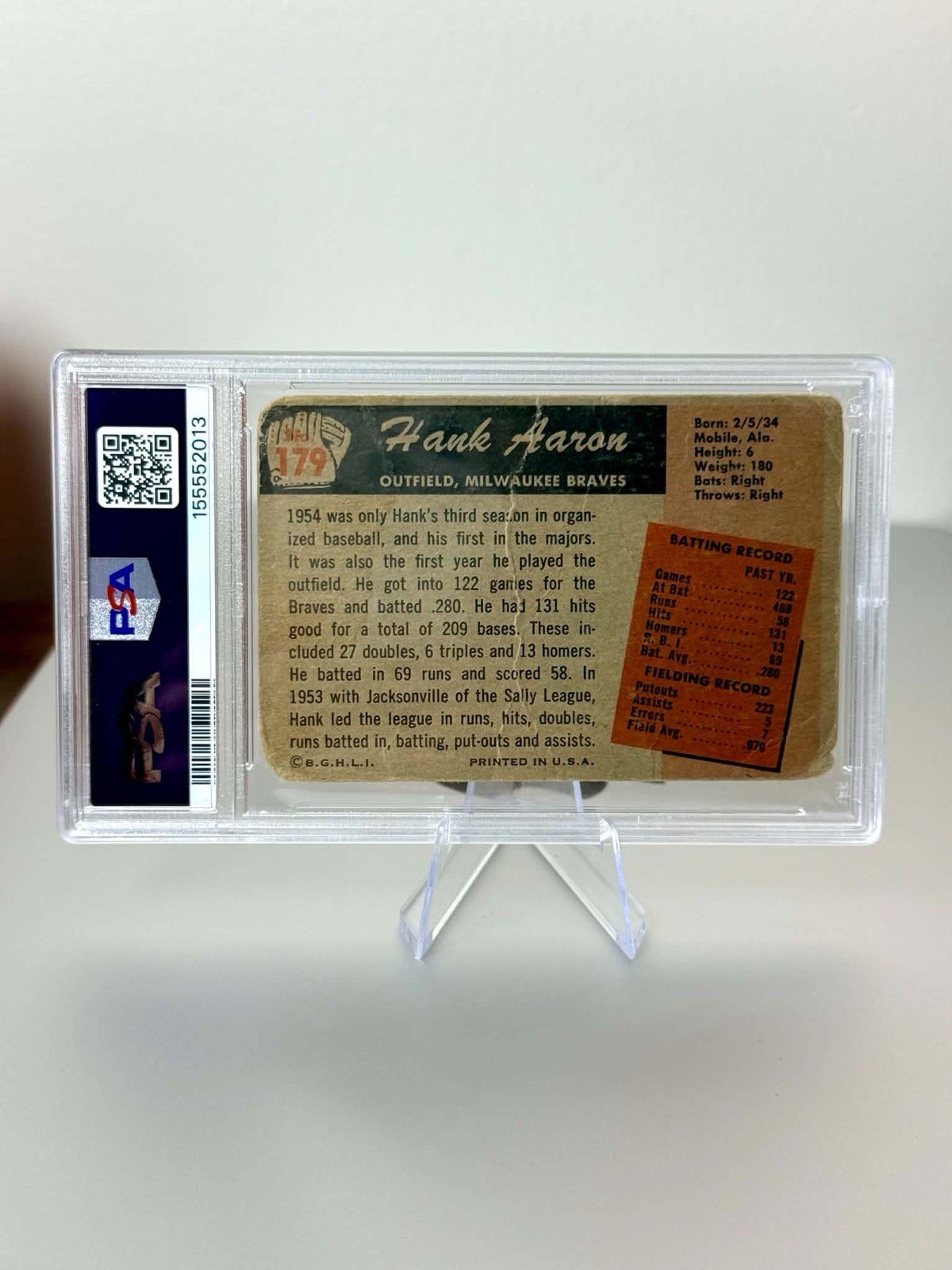 1955 Bowman Hank Aaron #179 Milwaukee Braves PSA 1 view 2