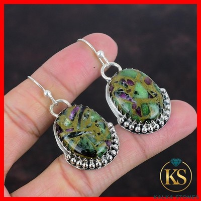 Copper Ruby Zoisite Gemstone 925 Sterling Silver Hook Daughter New Drop Earrings