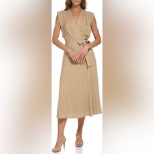 (B4) NWOT DKNY Khaki White Striped Surpilce Linen Belted Fit Flare Midi Dress 10
