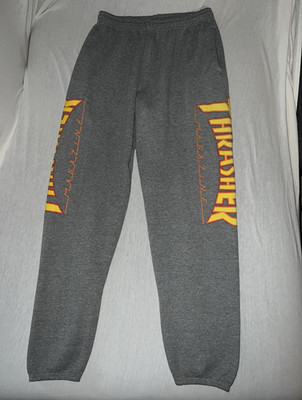 Thrasher Magazine Men's Sweatpants Gray Flame Logo Graphic Print L Elastic Waist