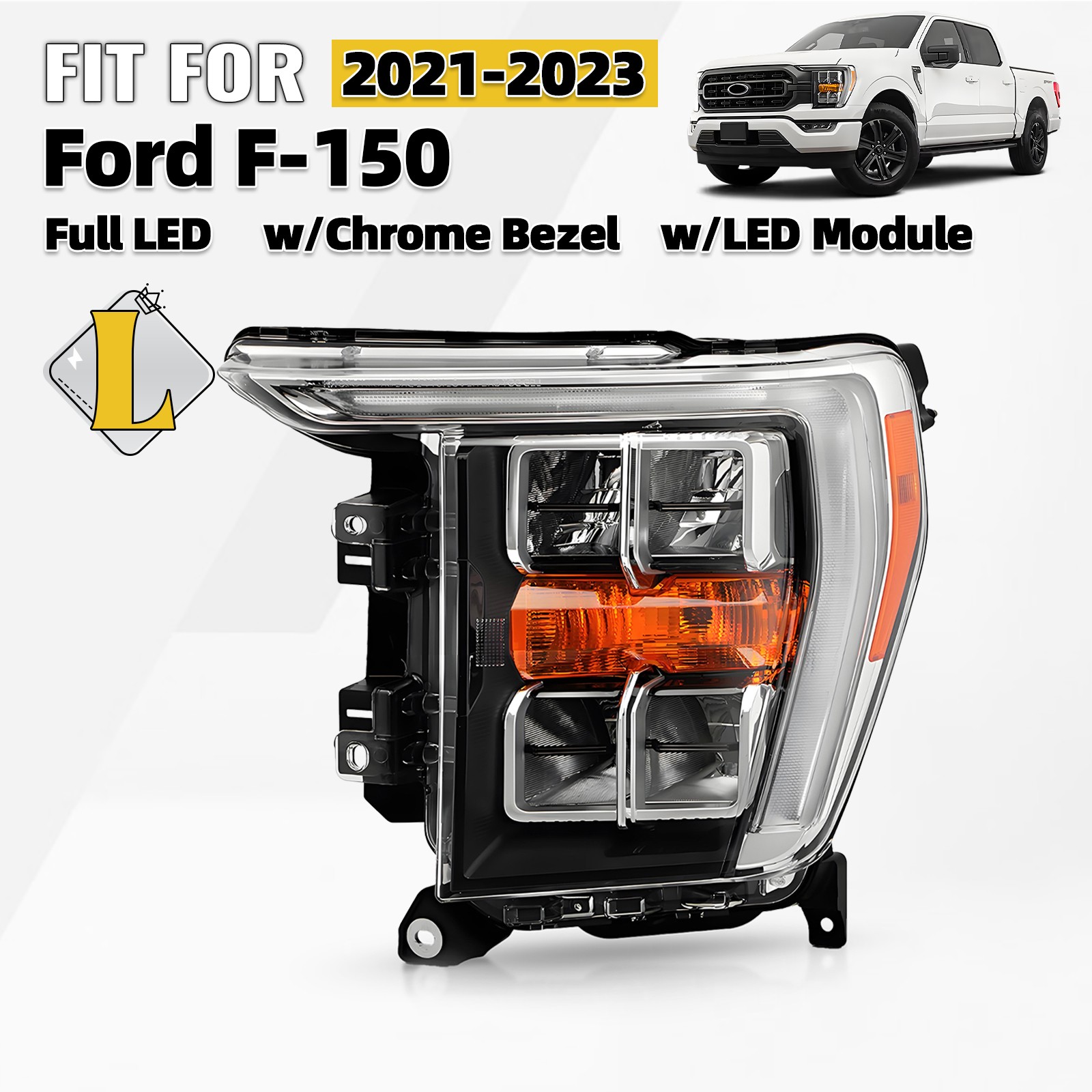Full LED Headlight For 2021-2023 Ford F-150 Chrome Bezel w/o AFS Driver Side