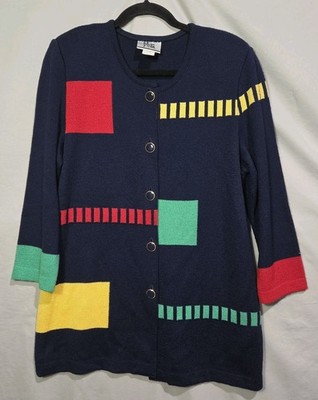 80s 90s Mita Colorblock Cardigan Sweater or Mod Dress Sz 14 With Shoulder Pads