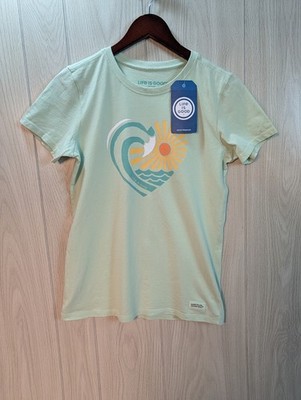 NWT Women's Life is Good Wave Heart Green Small Crusher Tee New