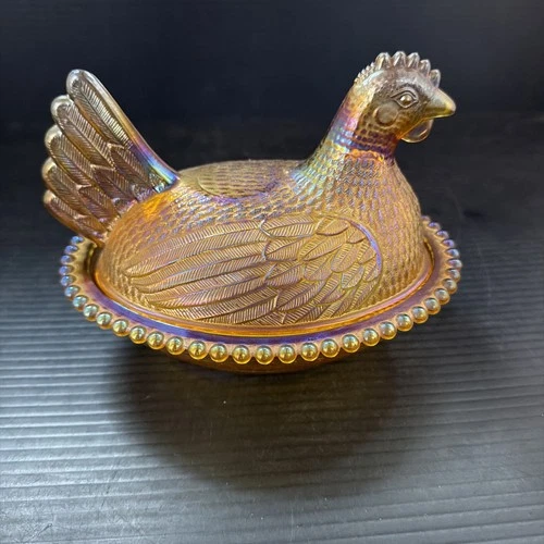 RARE Vtg Indiana Glass 7” Hen on Nest - Golden Carnival Amber Iridescent- MINT